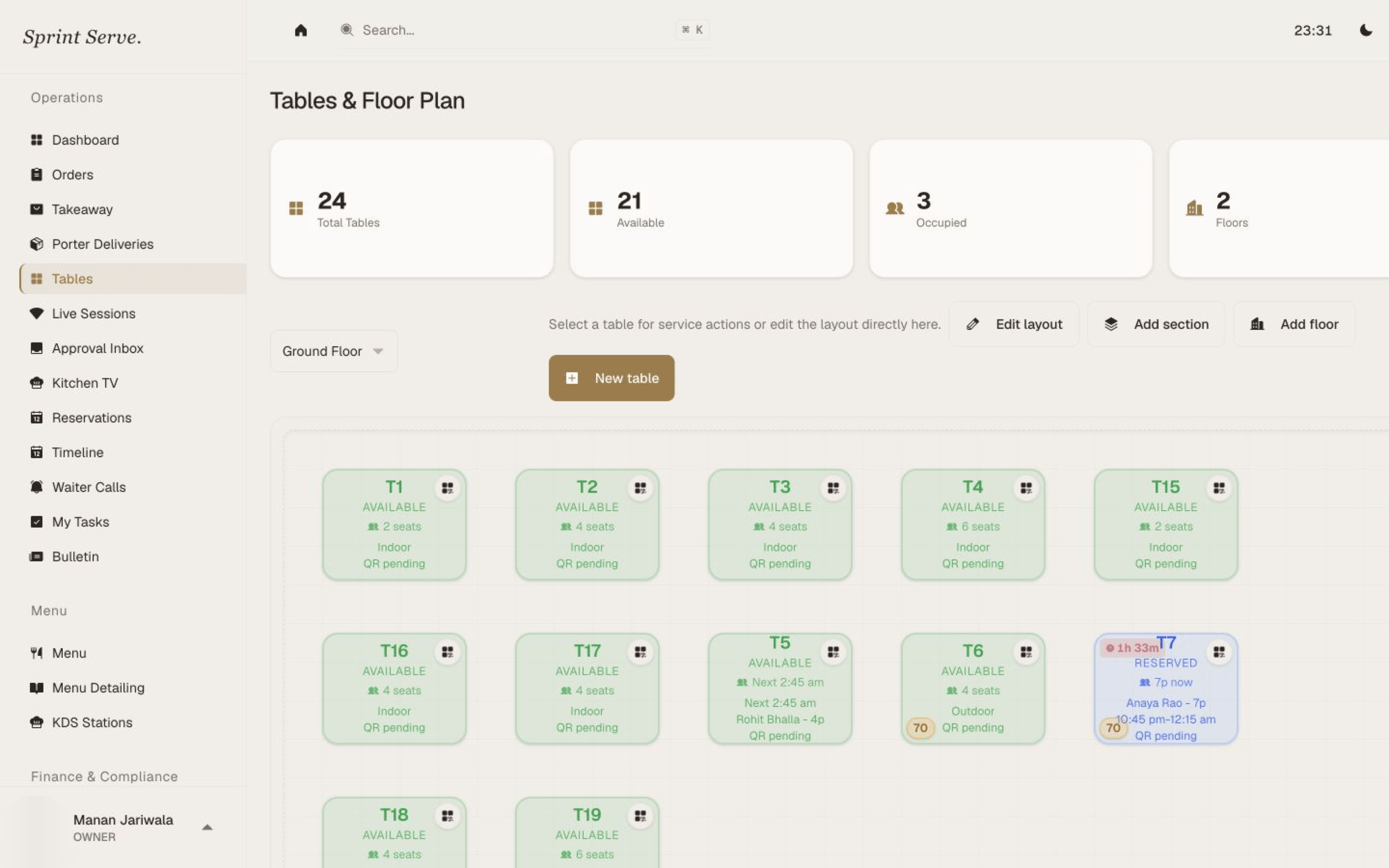 Restaurant floor map with table availability, occupied tables and active guest sessions