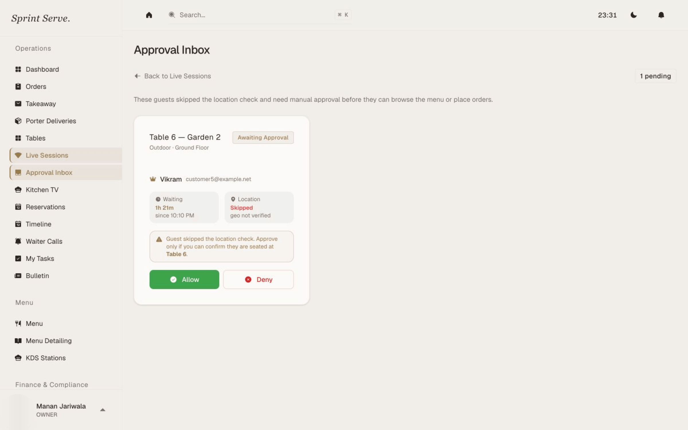 Orders and staff approval inbox for reviewing exceptions and keeping service moving