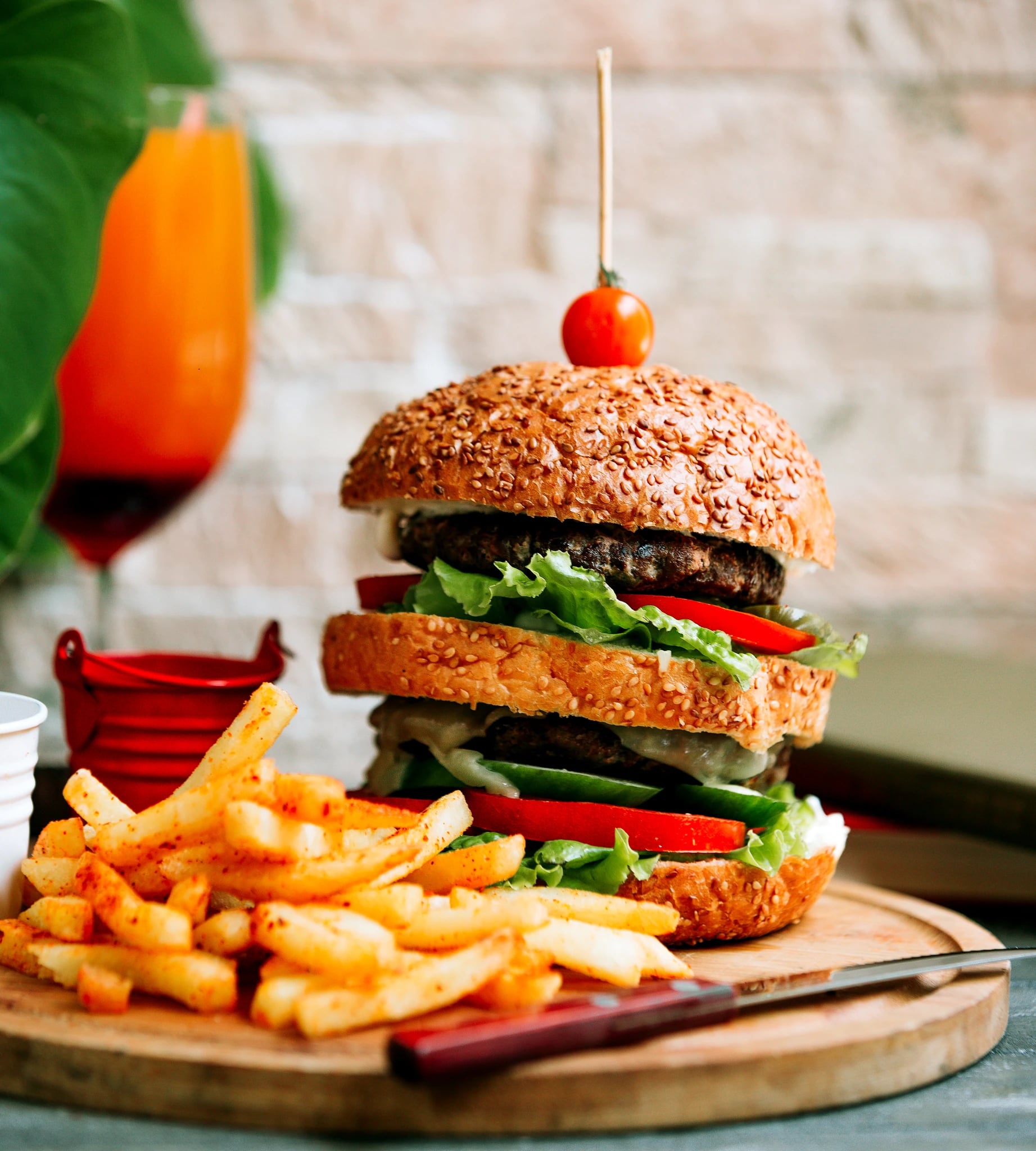 Double burger with French fries