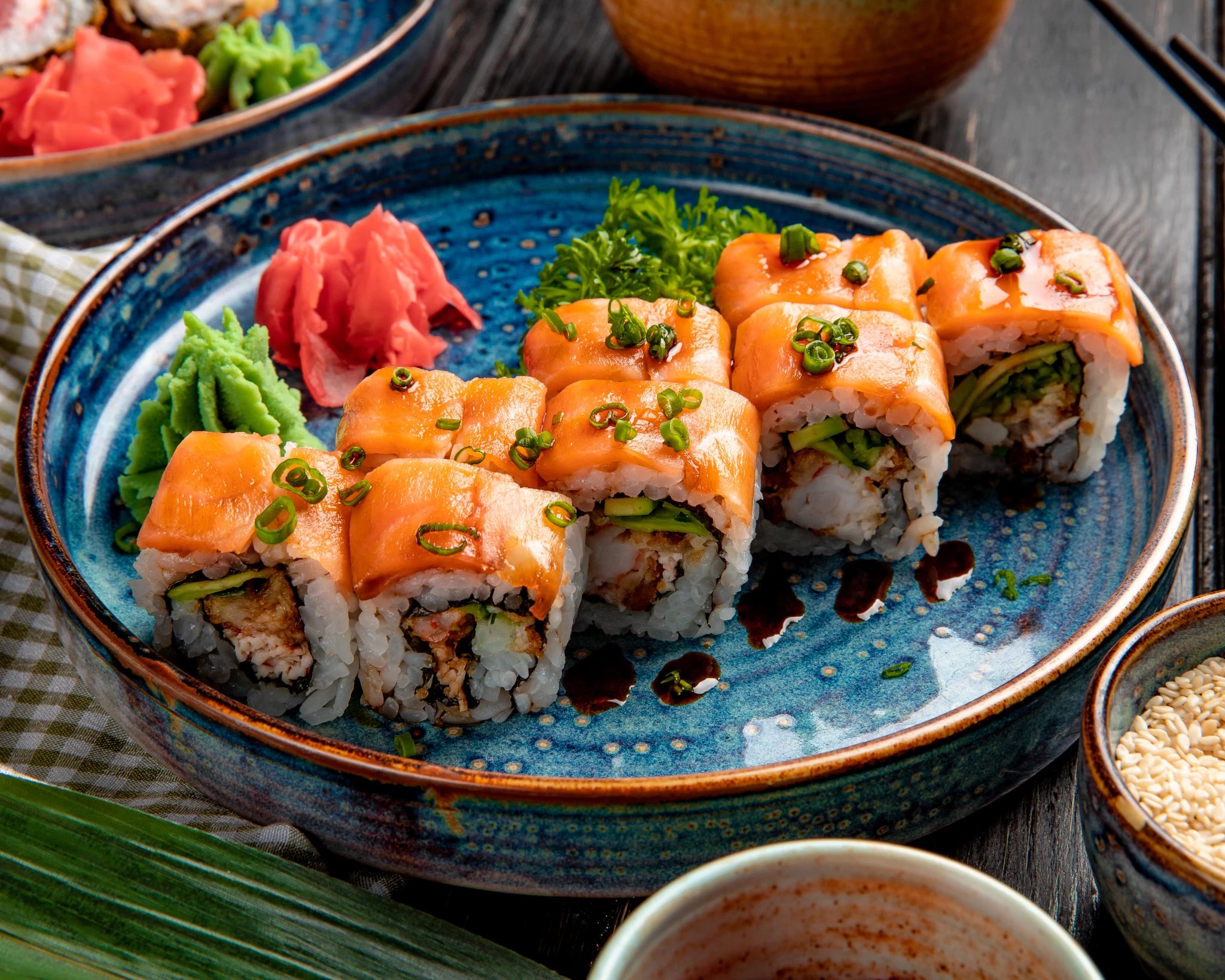Sushi rolls with salmon and avocado