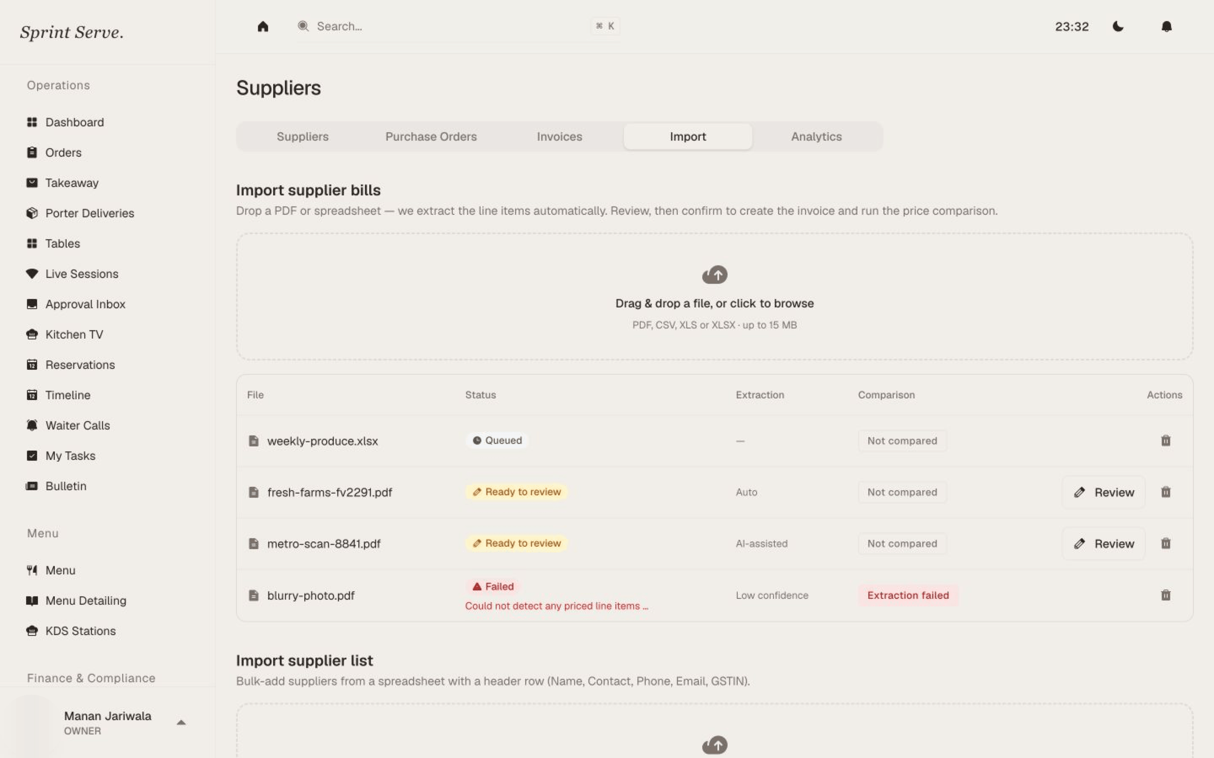Supplier bill import comparing extracted prices and quantities against the cost book