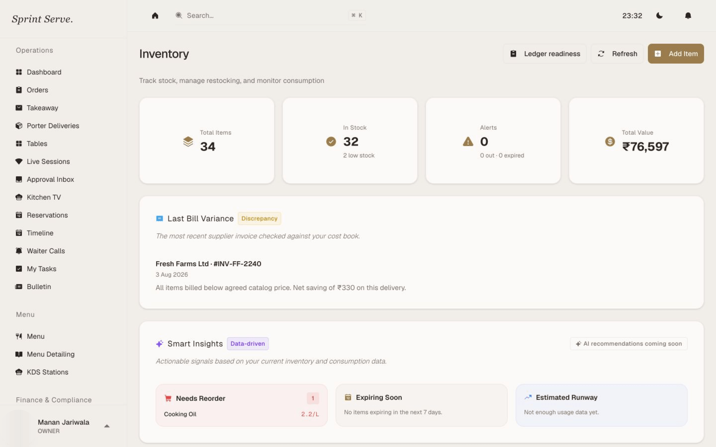 Inventory stock levels with low-stock monitoring and recent movements