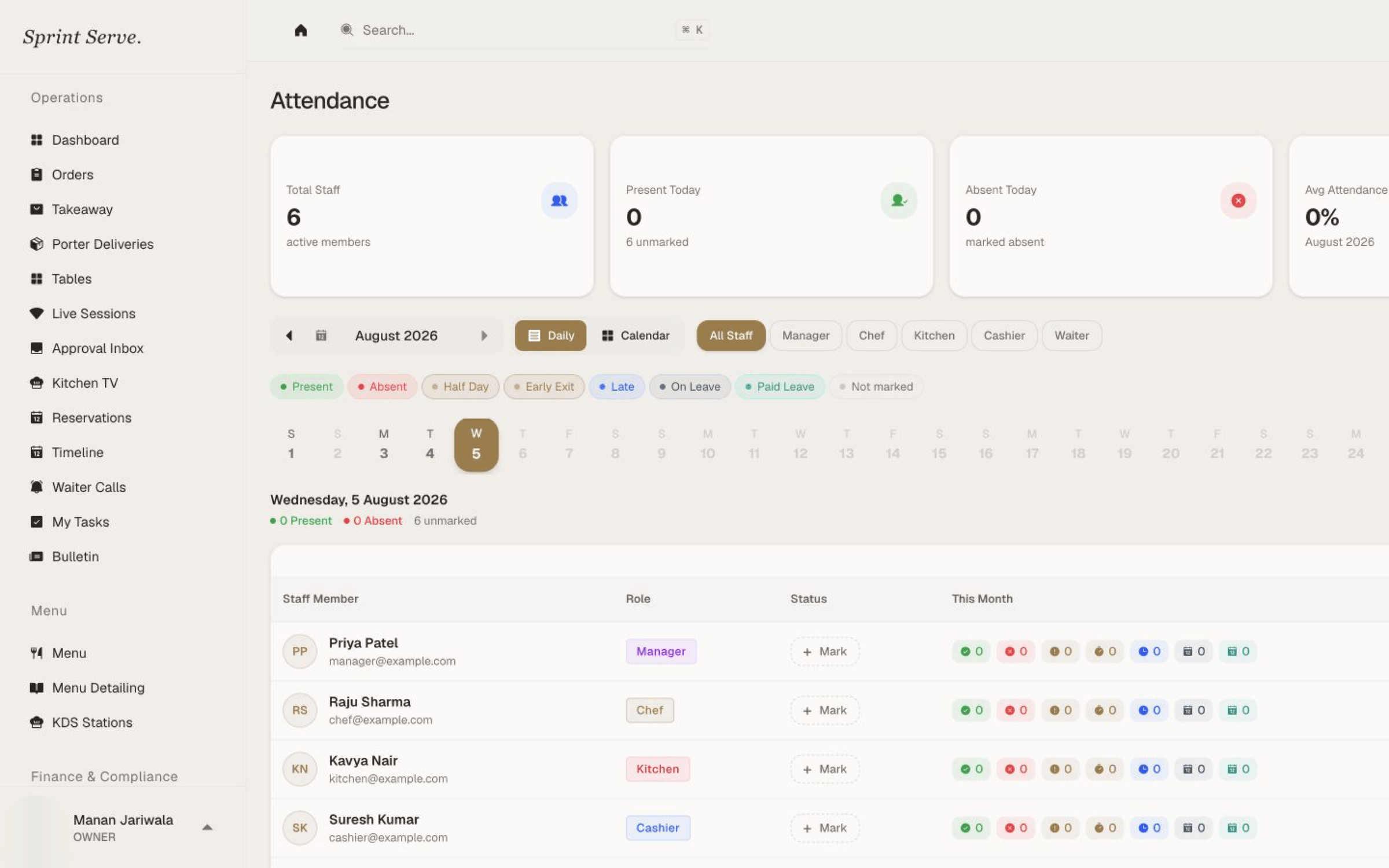 Staff attendance view with check-ins, check-outs and working hours