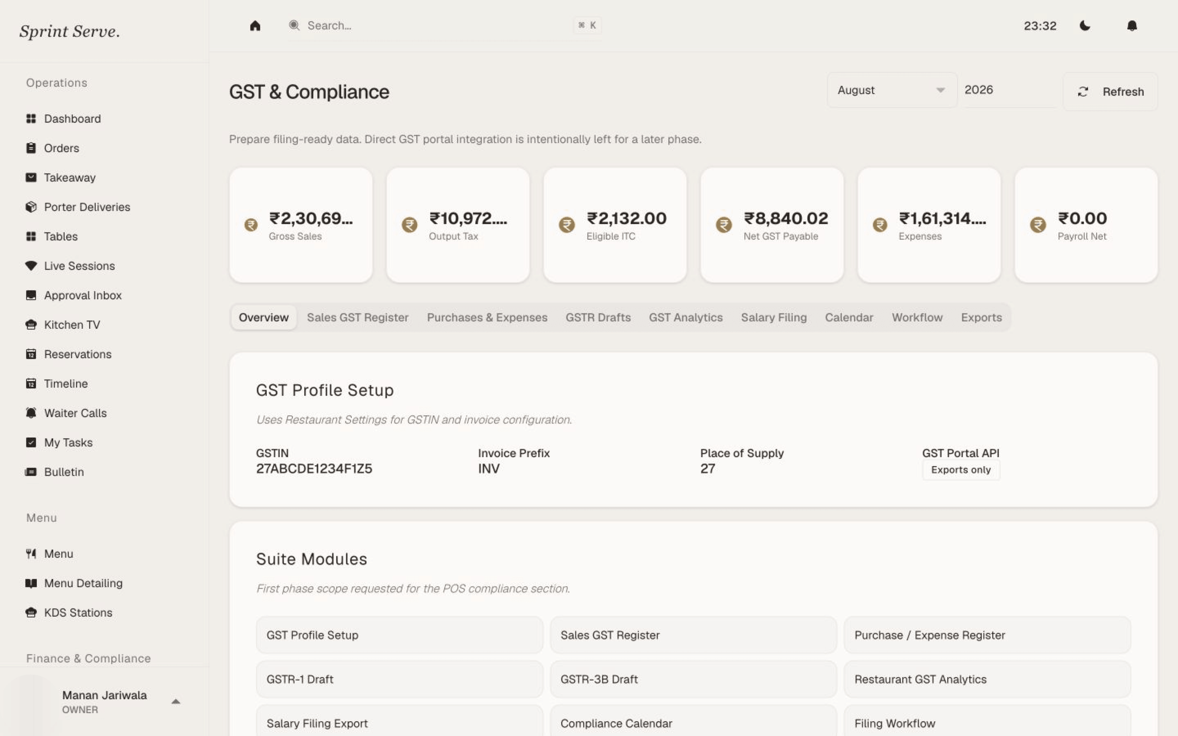 GST and compliance view of restaurant billing and tax information
