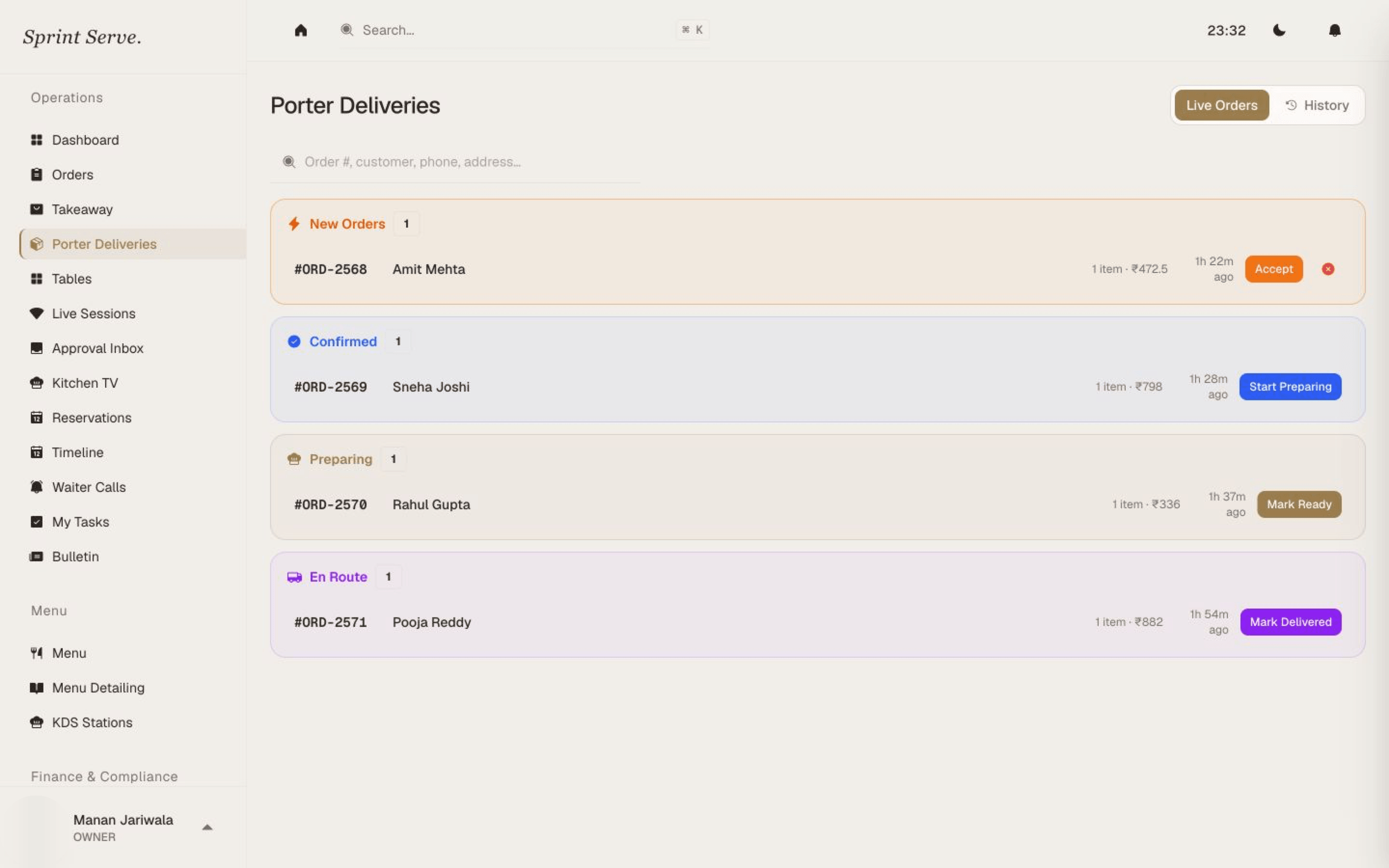 Porter delivery operations tracking order status alongside other channels