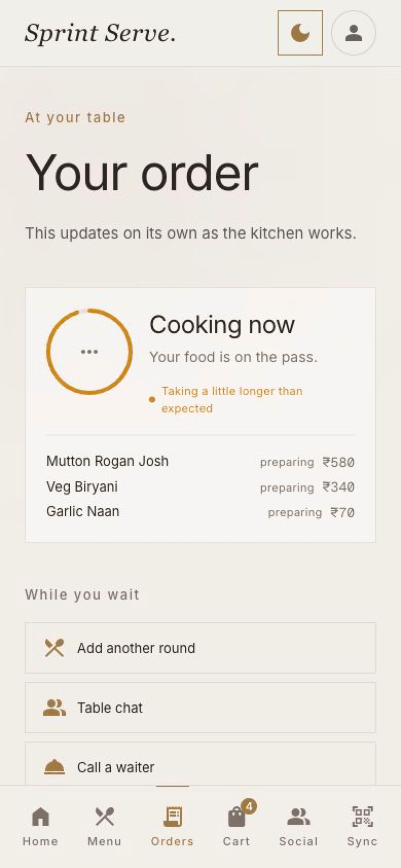 Guest order-status screen showing live progress of the table order