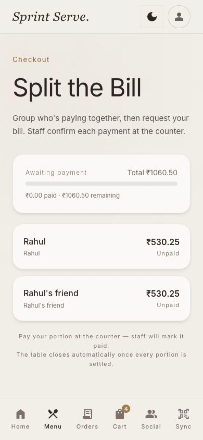 Group ordering with dish voting and bill split for shared dining