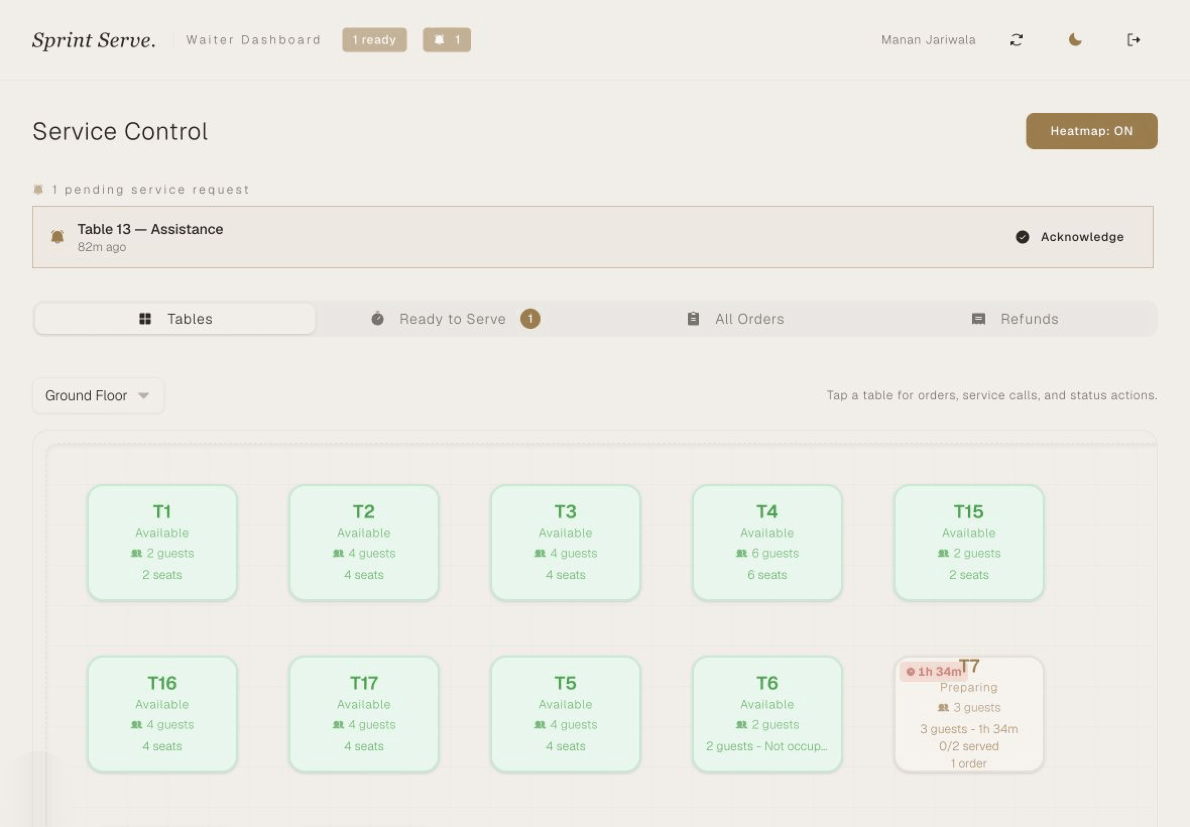 Waiter console showing assigned tables, active sessions and service actions