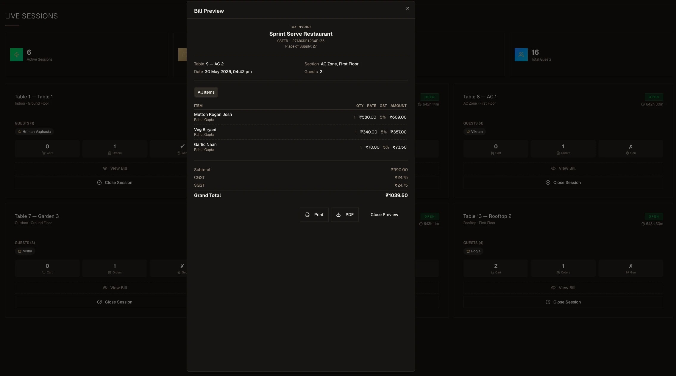 Session billing with discounts, split billing and a GST-ready invoice