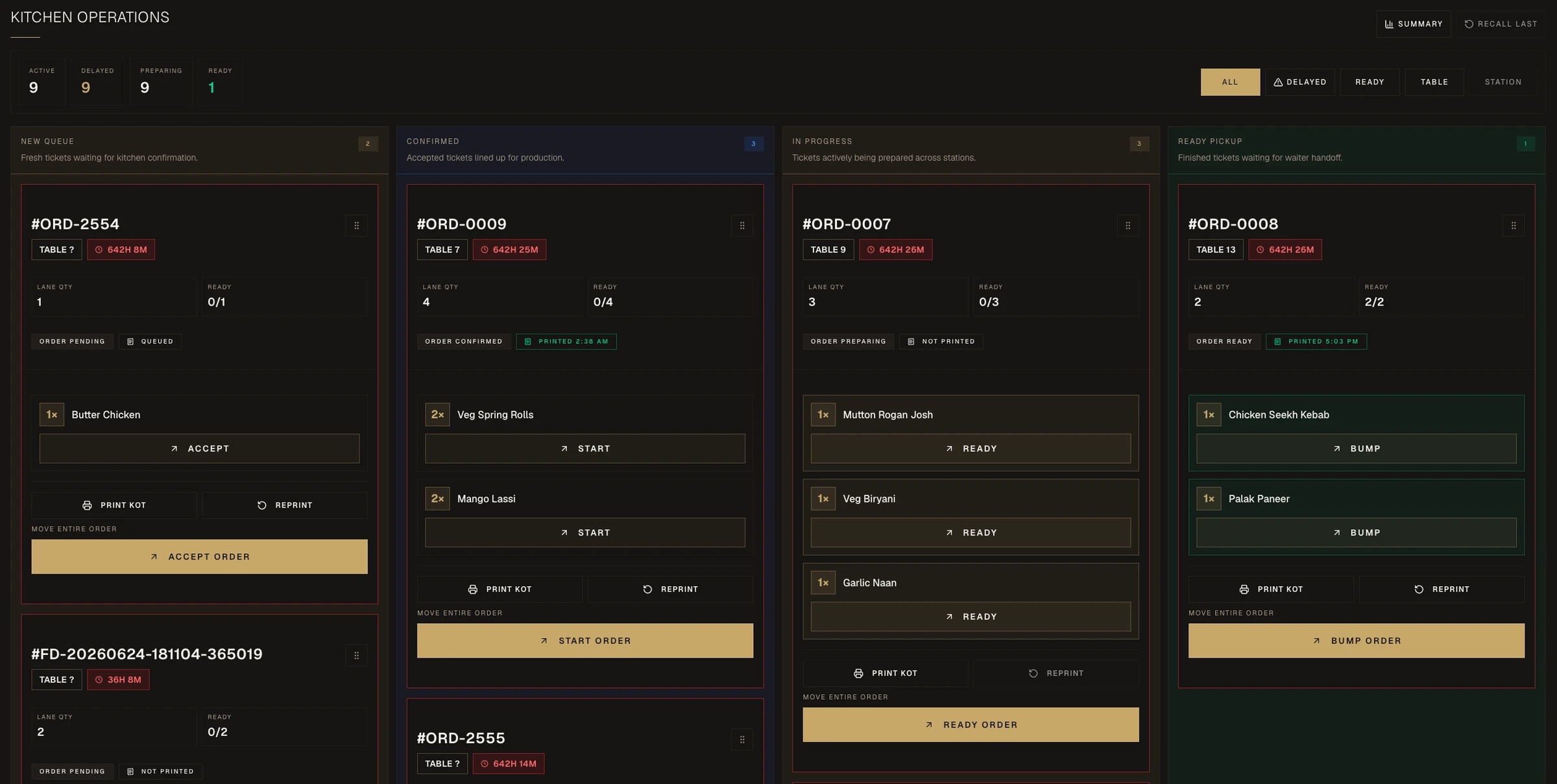 Kitchen Display System showing active tickets and per-item ready state