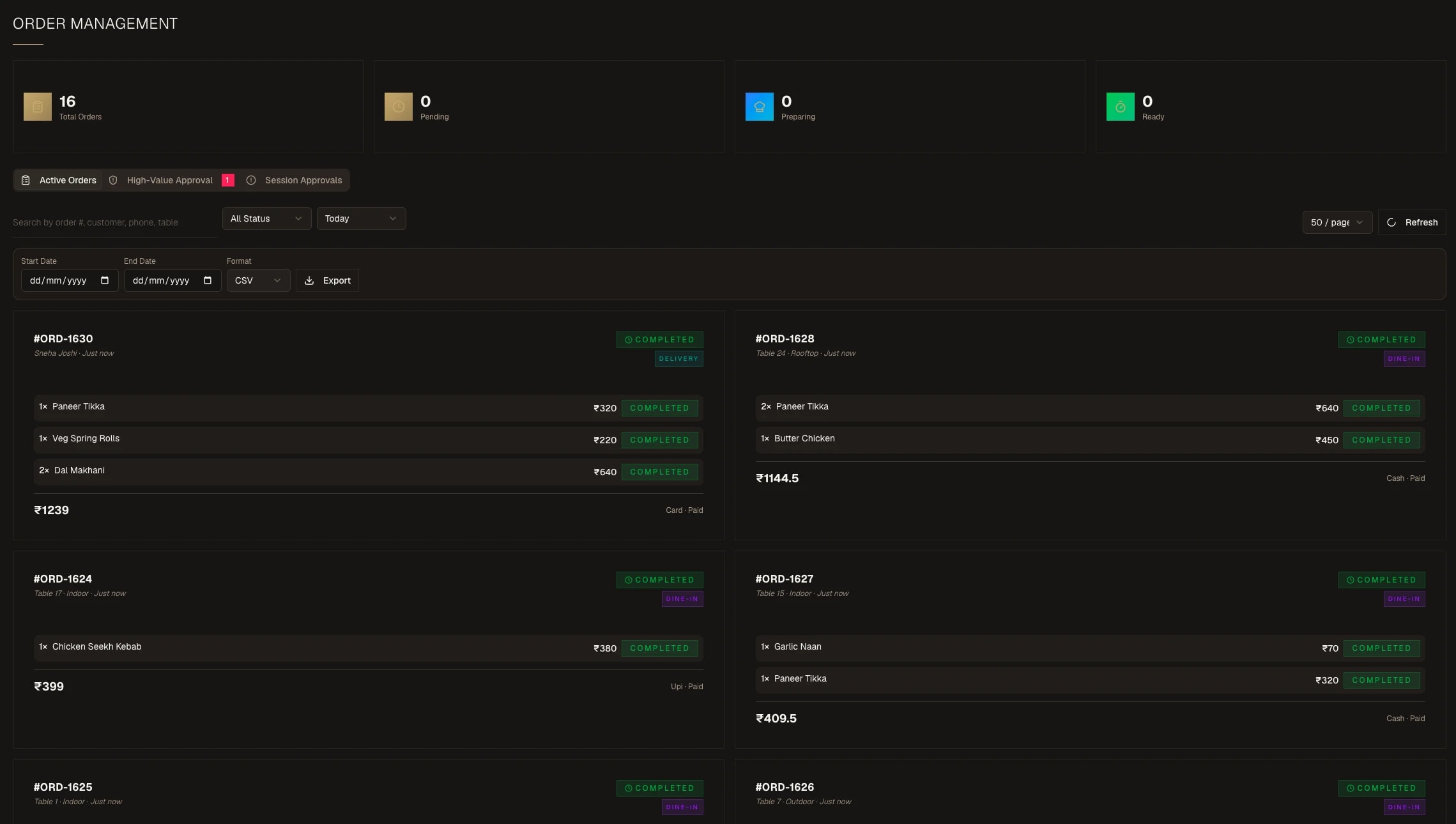 Order management board with real-time status across the floor